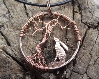 MOON GAZING HARE pendant, carved from a genuine 1945 British penny, vintage bronze coin, handcrafted anniversary gift, wire tree