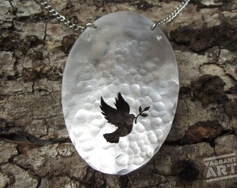 Peace Dove necklace, hand cut and hammered from a silver plated spoon.