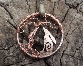 MOON GAZING HARE pendant, carved from a genuine recycled 1906 British bronze penny. Celtic, pagan, druid inspired statement jewellery