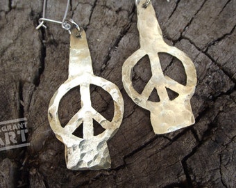 Recycled Bullet Case earrings, hand cut statement accessories with a strong anti war message