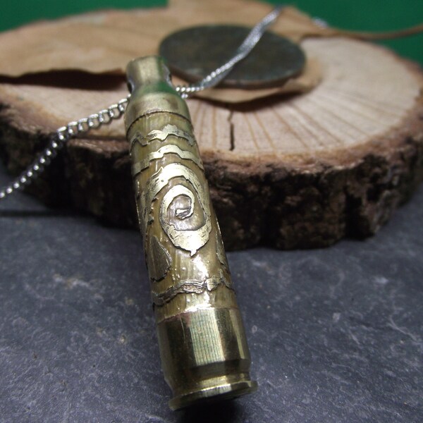 Recycled brass bullet case necklace with abstract etched design