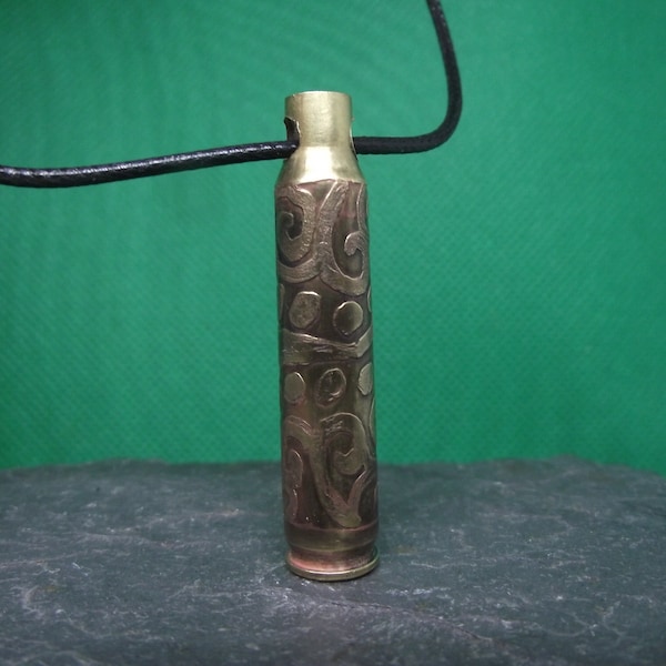 Recycled brass bullet case necklace with abstract etched design