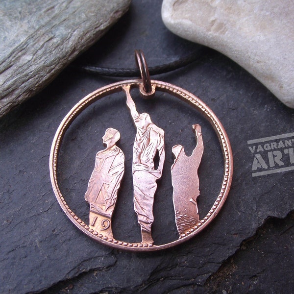 Black Power necklace, genuine hand cut vintage penny, 1968 Olympics anti racism image