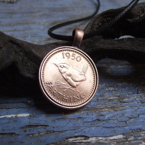 JENNY WREN farthing necklace or keyring, recycled vintage coin, choice of years