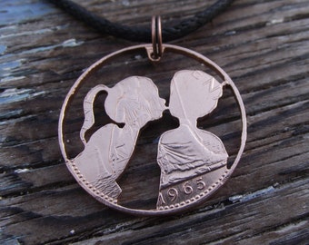 Kissing Necklace, hand cut from a recycled bronze penny, love jewellery