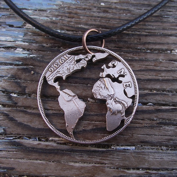 World map necklace hand cut from a vintage UK penny, globe jewellery