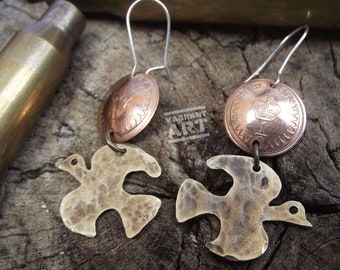 Recycled Bullet Case and Coin earrings, hand made statement accessories with a dove cut from spent ammunition