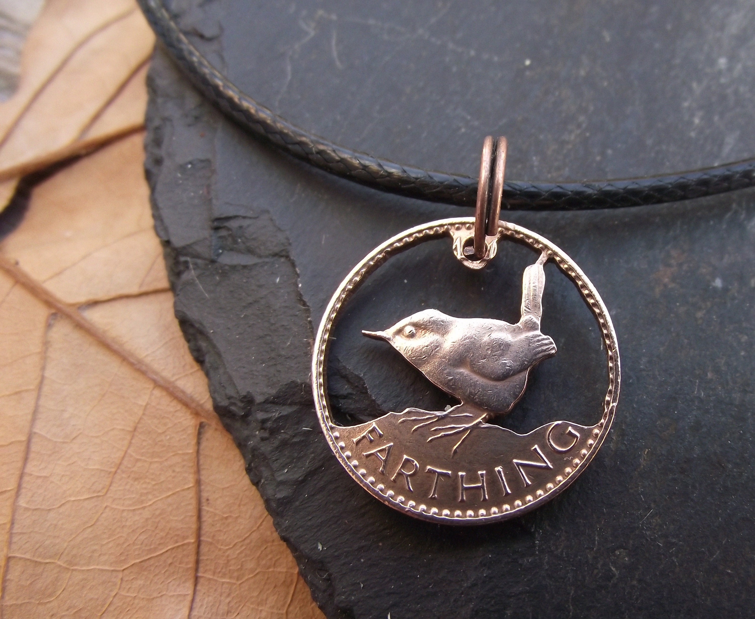 JENNY WREN Bird Necklace Hand Cut From a Coin Recycled picture