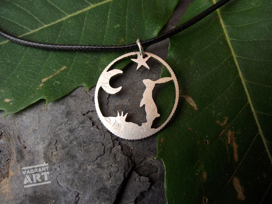 Hare and the Moon Coin Necklace, Hand Cut in a 1915 French Silver 50 ...