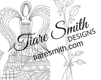 Zen Queen Angel Adult Coloring Pages, Instant Download Downloadable Coloring Pages, Angel, PDF Coloring Page, Printable Coloring Pages