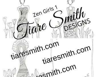 Zen Girl Adult Coloring Pages, Instant Download Downloadable Coloring Pages, PDF Coloring Page, Printable Coloring Pages