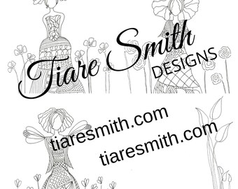 Zen Girls and Angel 2 Adult Coloring Pages, Instant Download Downloadable Coloring Pages, PDF Coloring Page, Printable Coloring Pages