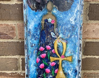 Original OOAK Spirited Mixed Media on 19x9 Wood Detailed Plaque, African American Art, Black Art