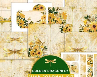 Golden Dragonfly Junk Journal Kit, 6 Printable Pages, Printable Digital Ephemera, Tags, Envelopes, Journal Pockets