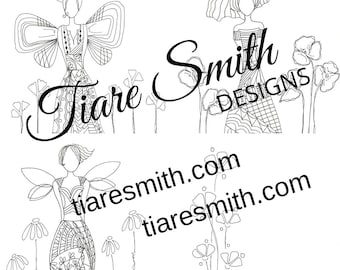 Zen Girls and Angel 3 Adult Coloring Pages, Instant Download Downloadable Coloring Pages, PDF Coloring Page, Printable Coloring Pages