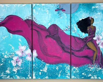 Island Goddess 36x24 Mixed Media Triptych Canvas, African American Art, Black Art, Latina Art, Santorini Dress