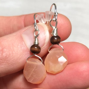 Peach Moonstone and Wood Dangle Earrings, Silver Earrings, Metaphysical Boho Jewelry