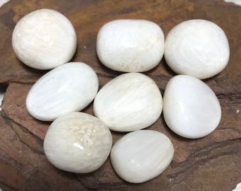 May include: Eight polished, white calcite stones of varying shapes and sizes. The stones are smooth and have a subtle, natural texture. They are arranged on a dark, textured surface, creating a contrast that highlights their creamy white color.