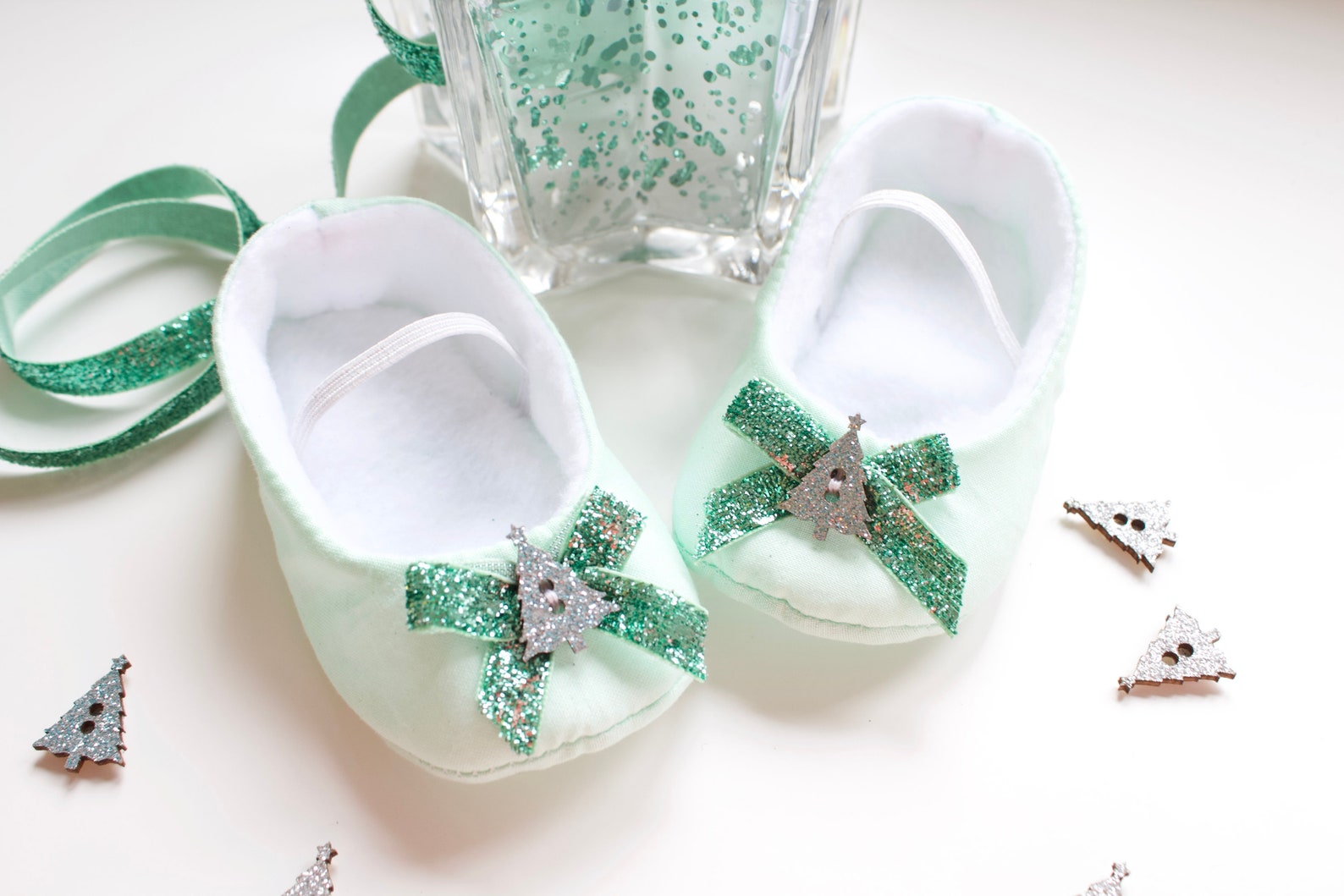 baby shoes, baby girls shoes, baby ballet flats, mint green ballet flats with green glitter bow and christmas tree baby shoes, baby girls shoes, baby ballet flats, mint green ballet flats with green glitter bow and christmas tree