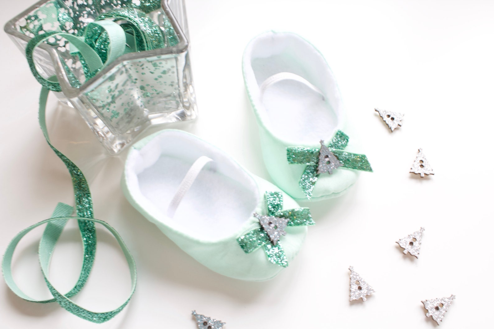 baby shoes, baby girls shoes, baby ballet flats, mint green ballet flats with green glitter bow and christmas tree baby shoes, baby girls shoes, baby ballet flats, mint green ballet flats with green glitter bow and christmas tree