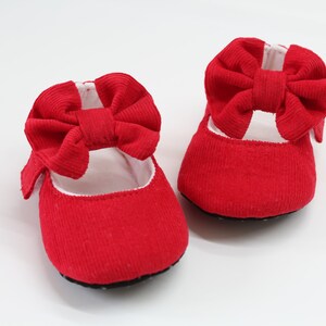 Bright red shoes/ baby girl shoes/ toddler shoe/ newborn shoe/ baby slippers/ Red corduroy baby shoes with bow on strap/ baby shower.