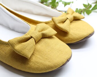 Ladies Slippers | ladies house shoes | women's shoe | women's slippers | ladies gifts | women's gifts | Ladies Mustard linen ballet flats.