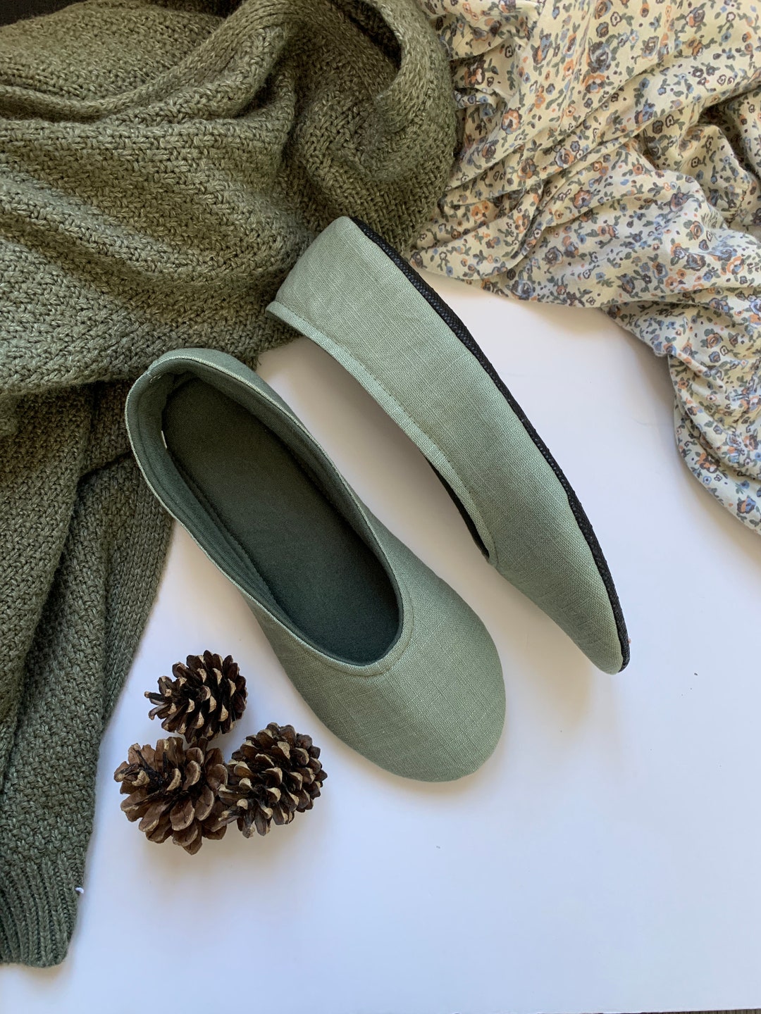 Ladies Sage Green Linen Ballerina Slippers, Womens Ballet Slippers