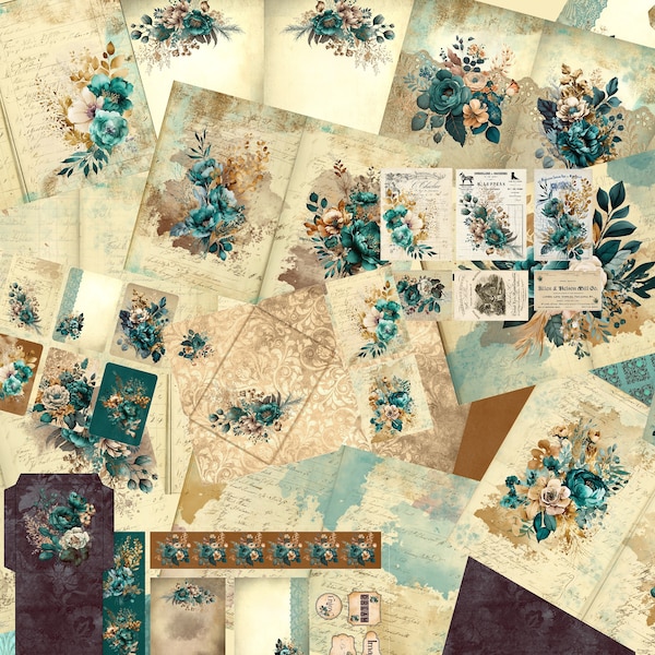 Teal we meet again, a printable junk journal kit, antique ledger, botanicals, cardmaking and papercraft