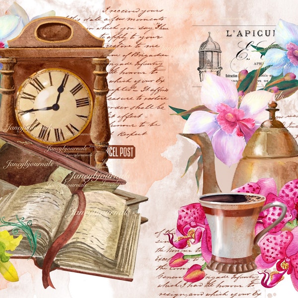 The Hours, a printable junk journal kit, 18 pages, clocks and orchids, watercolour, paper and ephemera