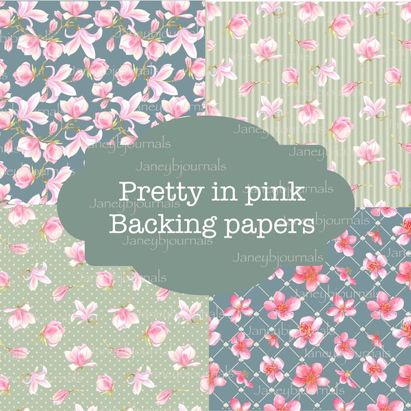 Junk journal printable paper, Pretty in pink, floral, ticking, dots, decorative roses, co-ordinating designs,