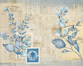 Fragmentary Blue, a beautiful printable junk journal kit, paper and ephemera, mini album and cardmaking supplies