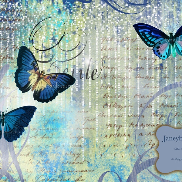 Junk journal printable kit butterfly blue, botanical, vintage, paper and ephemera