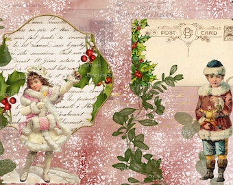 Vintage Junk Journal printable kit, Thoughts of Christmas, digital download, paper and ephemera, vintage, children, santa,
