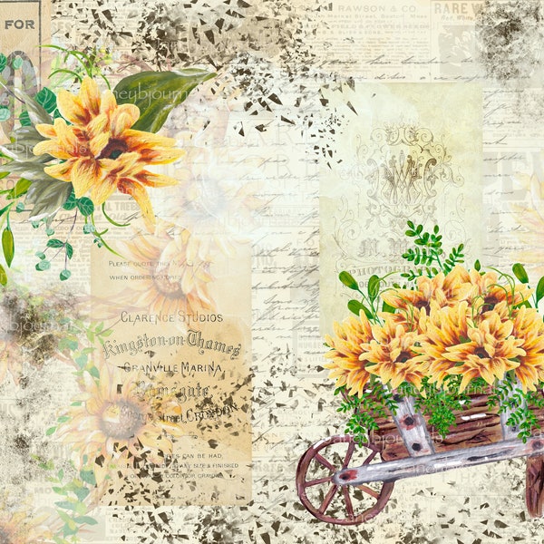 Beautiful sunflower Junk Journal Printable kit, Sunflower Sunday, botanical, autumnal, papers and ephemera, digital download, printable