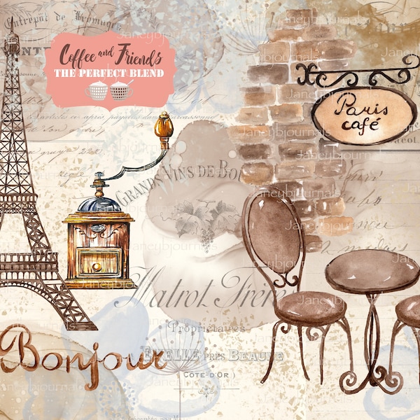 Junk journal printable kit, french cafe, coffee, papers and ephemera, vintage, Paris, france digital download