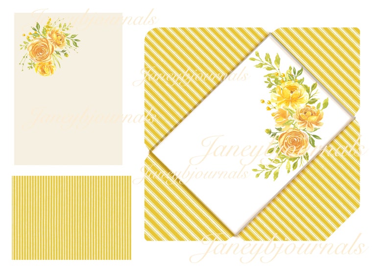 Pretty yellow florals Junk journal printable kit takes journal cards envelopes folios for small projects