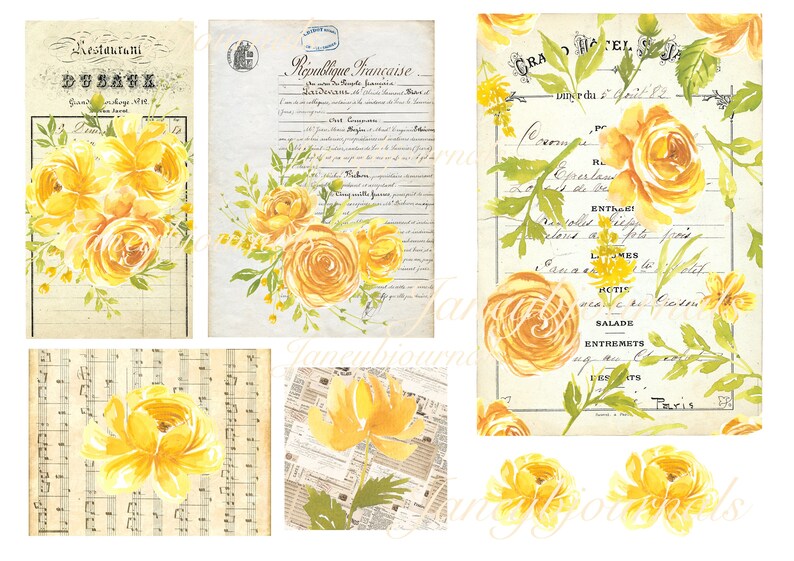 Pretty yellow florals Junk journal printable kit takes journal cards envelopes folios for small projects