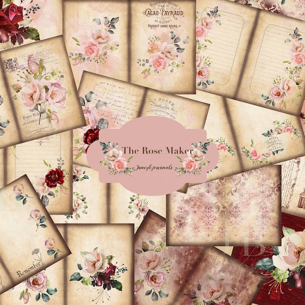 The Rose Maker, a stunning printable junk journal kit, paper and ephemera, 27 pages, mini albums and cardmaking