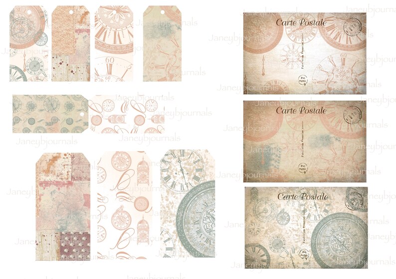 vintage pink digital download time clocks Junk journal printable kit