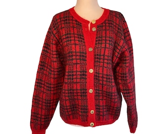 Vintage Edinburgh Cardigan Sweater Mohair Blend Plaid Red Black Green Gold Buttons