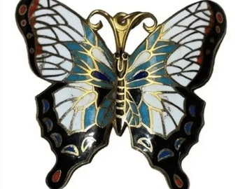 Vintage Cloisonne Brooch Butterfly Gold Tone Metal Black White Blue Pin