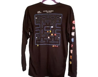 Pac-Man T-Shirt Black Rainbow Vintage Graphic Tee Video Game Long Sleeve Crewneck
