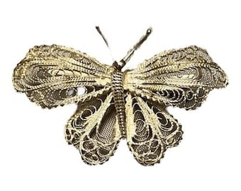 Ancienne Broche Papillon Filigrane Vermeil Argent Plaqué Or - Poinçon Minerve 925