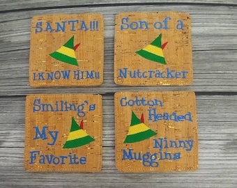 Elf Embroidered Cork Coasters - Drink Coasters - Fabric Coasters - Cork Coasters - Christmas Coasters