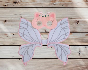 Pink Fairy Kitty en Fairy Angel Wings - Geborduurd vilten masker en vleugels - Aankleden - Fantasiespel