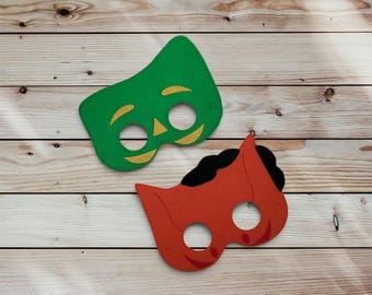 Green Clay Figure and Orange Pony Felt Masks - Cartoon Characters - Dress-Up - Pretend Play