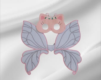Pink Fairy Kitty and Fairy Angel Wings - Embroidered Felt Mask and Wings - Dress-Up - Pretend Play