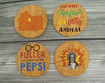 Home Alone Inspired Cork Coasters, Embroidered Christmas Movie Coasters, Funny Holiday Decor