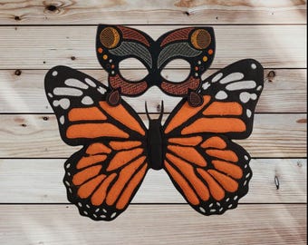 Bruin-oranje vlindermasker en vleugels: bruin-oranje vlinderkostuum - geborduurd vilten masker - fantasiespel
