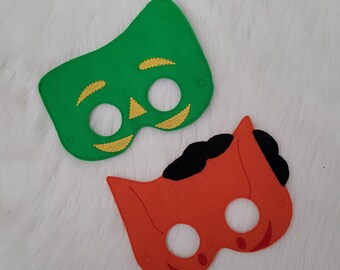 Green Clay Figure and Orange Pony Felt Masks - Cartoon Characters - Dress-Up - Pretend Play